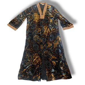 VTG Diamond Tea‎ Loungewear Caftan Dress Velvet Quilted Blk Gold L Retro Atomic